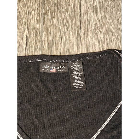 Polo‎ Jeans Co Ralph Lauren Womens Black Ribbed V Neck 3/4 Sleeve Top L G - Picture 3 of 10